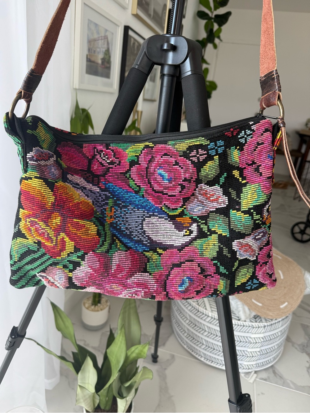 Altiplano Guatemalan Floral Tapestry Hobo Bag Leather Strap